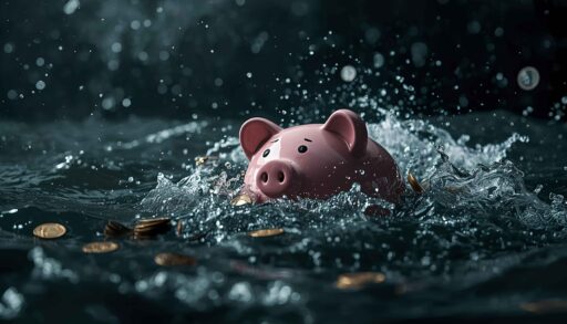 sparschwein versinkt im wasser zwischen geldstücken