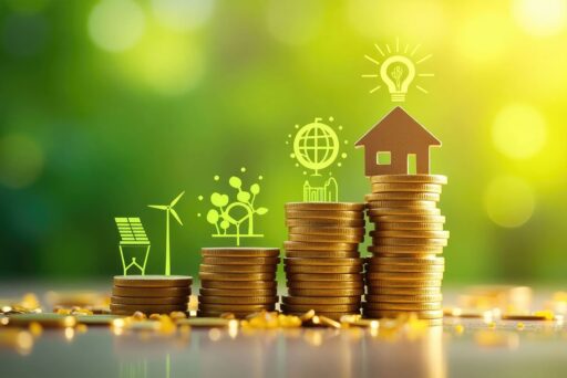 Münzstapel mit Symbolen für erneuerbare Energien, Umwelt und Innovation – Darstellung nachhaltiger Investitionen und wirtschaftlichen Wachstums